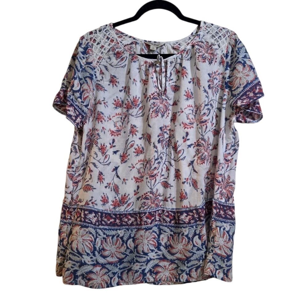 Lucky Brand Boho Floral Top Short Sleeve Blouse 1X White Blue Red Peasant Hippie